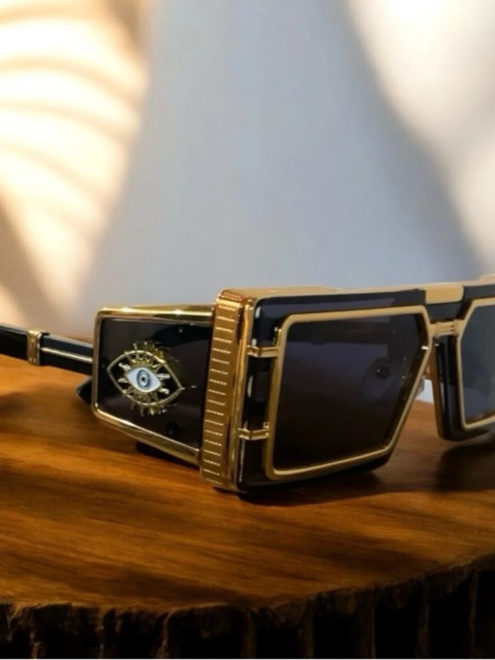 Gold and Black Rectangular Men's Sunglasses with Decorative Side Emblem